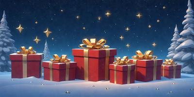 The primary subject of the image is a group of three red gift boxes, each adorned with a gold bow. The setting is a nighttime scene with a starry background, creating a festive and magical atmosphere. The visual style is a digital art illustration, showcasing the intricate details of the gift boxes and the starry background. The colors and mood are predominantly warm and celebratory, with the red gift boxes and gold bows adding a touch of luxury and elegance to the scene.